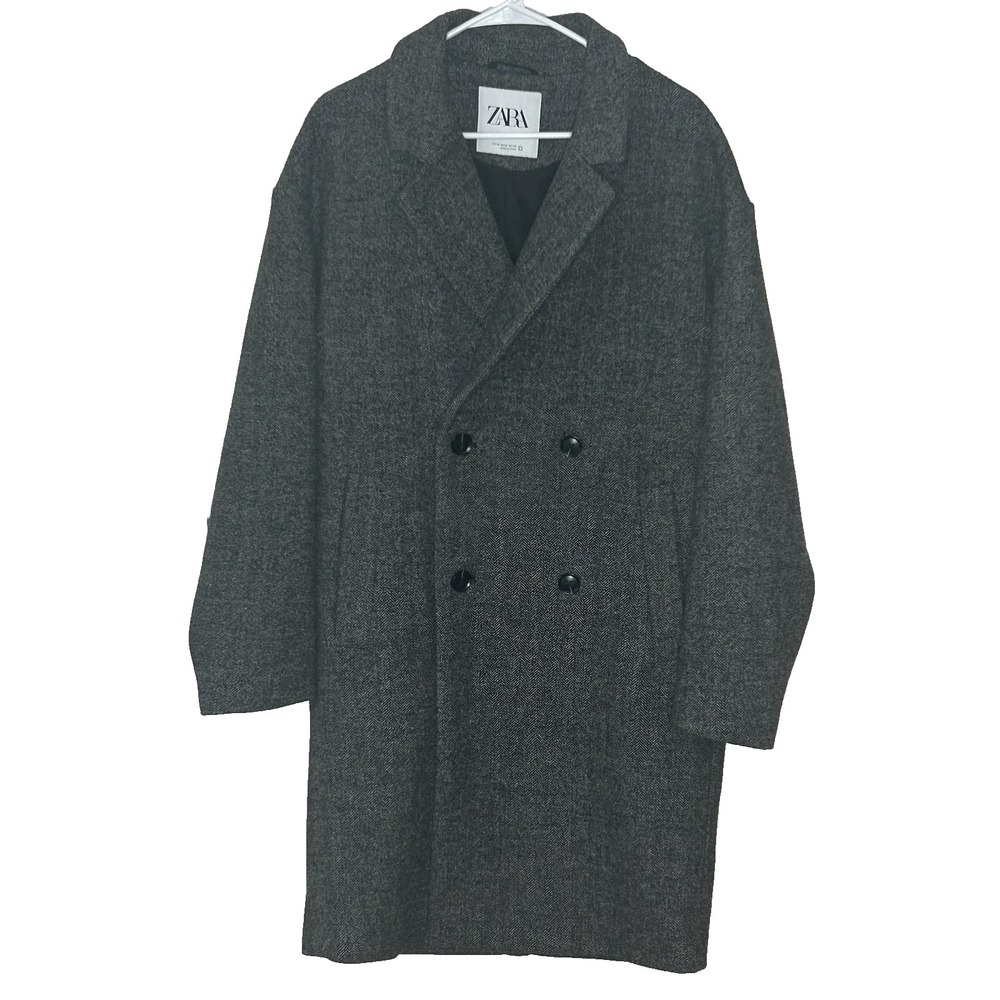 Zara Wool Blend Long Overcoat M Gray Herringbone Relaxed Double Breasted